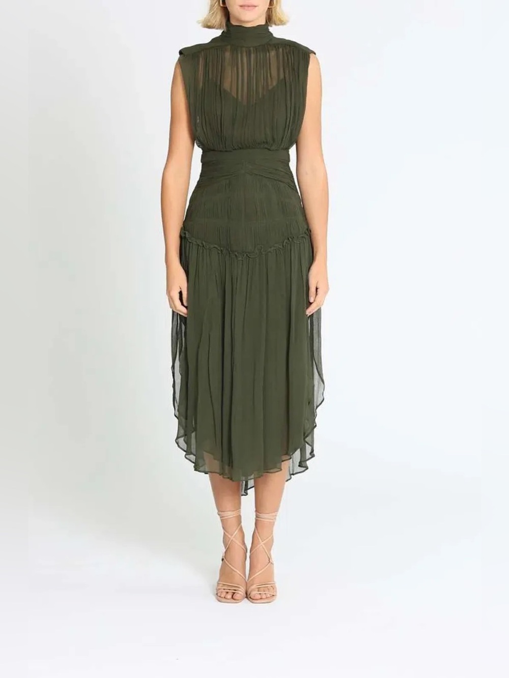 Shona Joy Olive Green Sleeveless Pleated Midi Dress